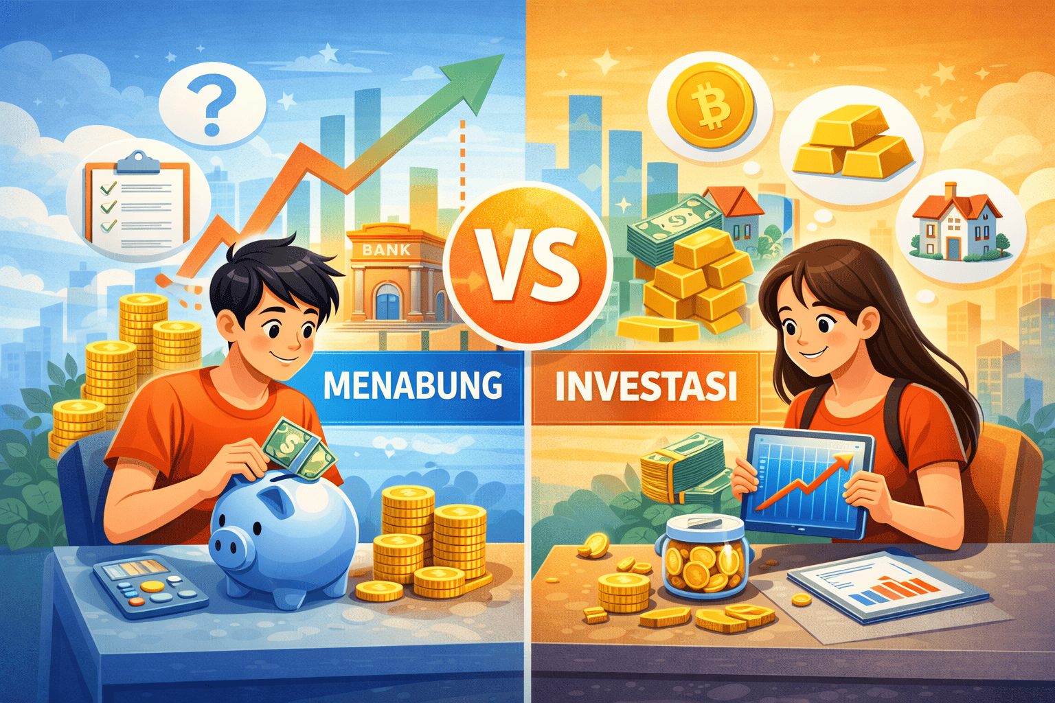 Ilustrasi perbedaan menabung dan investasi dalam perencanaan keuangan untuk pemula