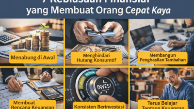 Ilustrasi kebiasaan finansial orang sukses seperti menabung, berinvestasi, dan mengelola keuangan yang dapat membantu seseorang menjadi kaya.