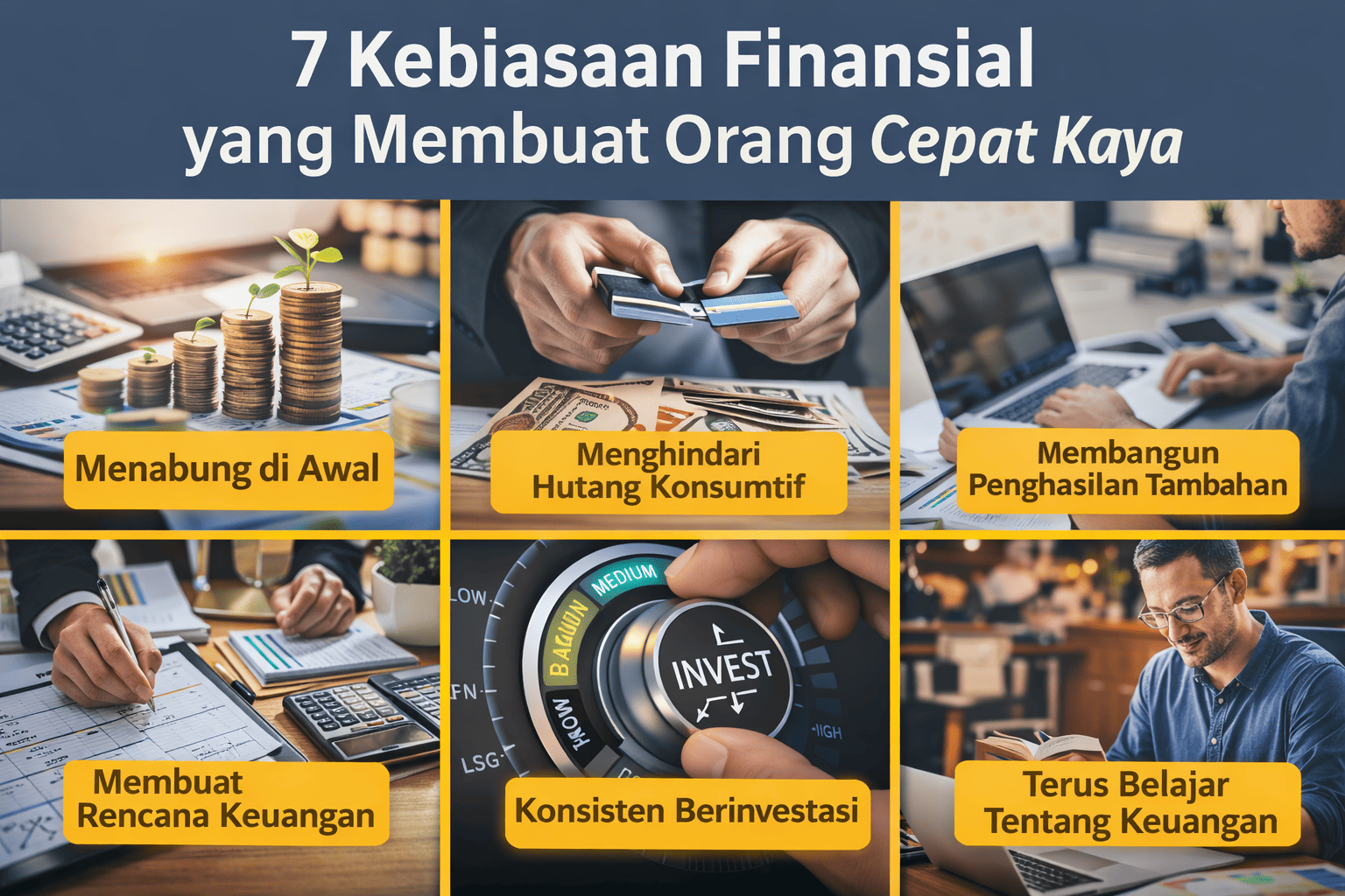 Ilustrasi kebiasaan finansial orang sukses seperti menabung, berinvestasi, dan mengelola keuangan yang dapat membantu seseorang menjadi kaya.